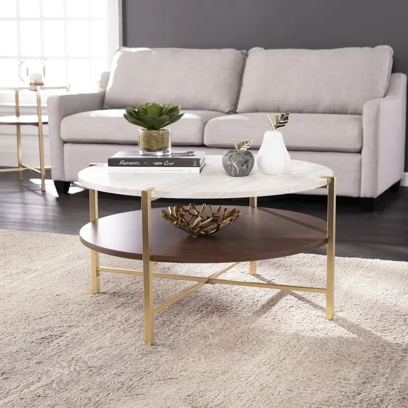 33" Brass Solid Manufactured Wood And Metal Round Coffee Table By Homeroots