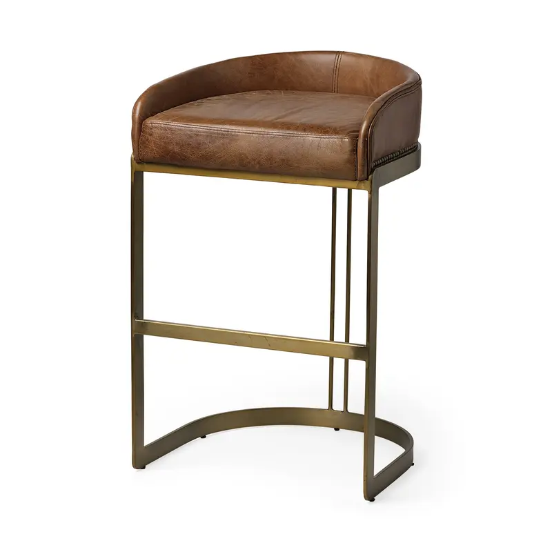 33' Brown Leather Antiqued Gold Low Back Bar Stool By Homeroots