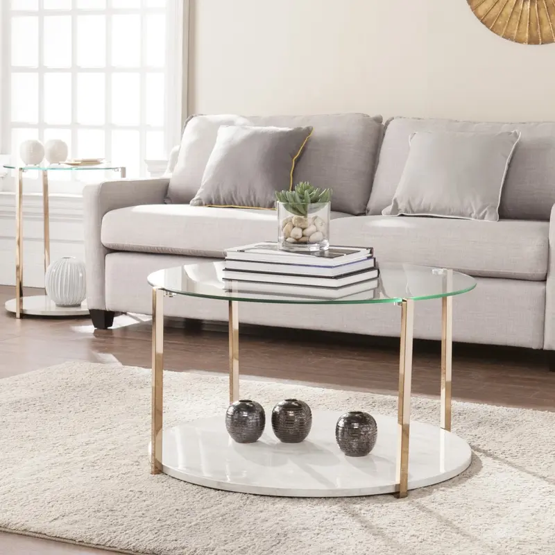 33" Gold Glam Glass And Faux Marble Two Tier Round Coffee Table By Homeroots