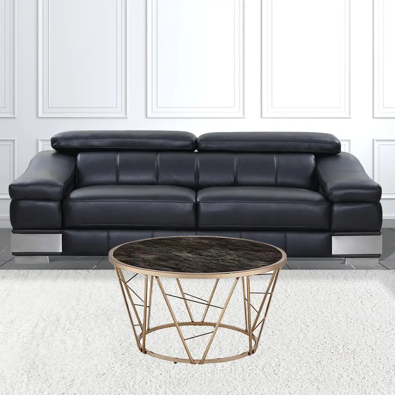 33" Gold Steel And Faux Black Marble Round Top Coffee Table By Homeroots