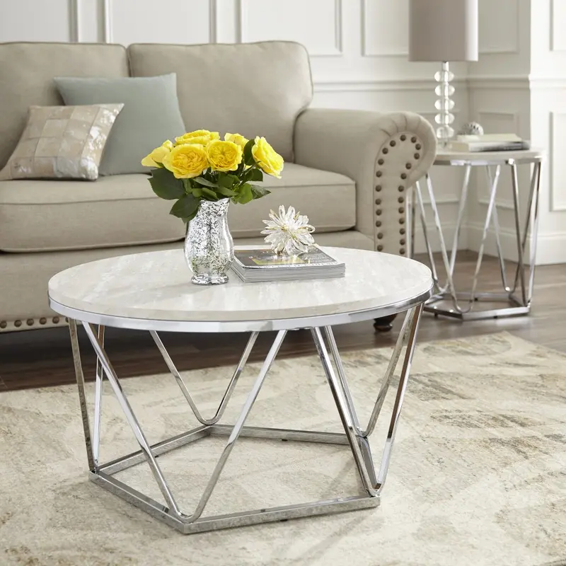 33" Silver Manufactured Wood And Metal Round Coffee Table By Homeroots