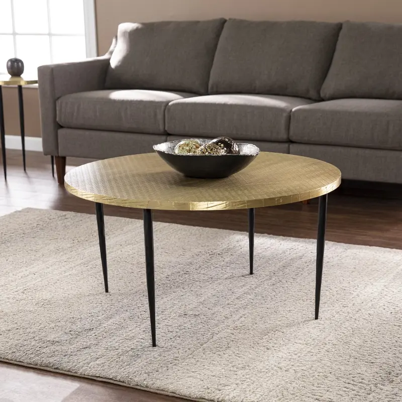 34" Black And Gold Embossed Metal Round Coffee Table By Homeroots