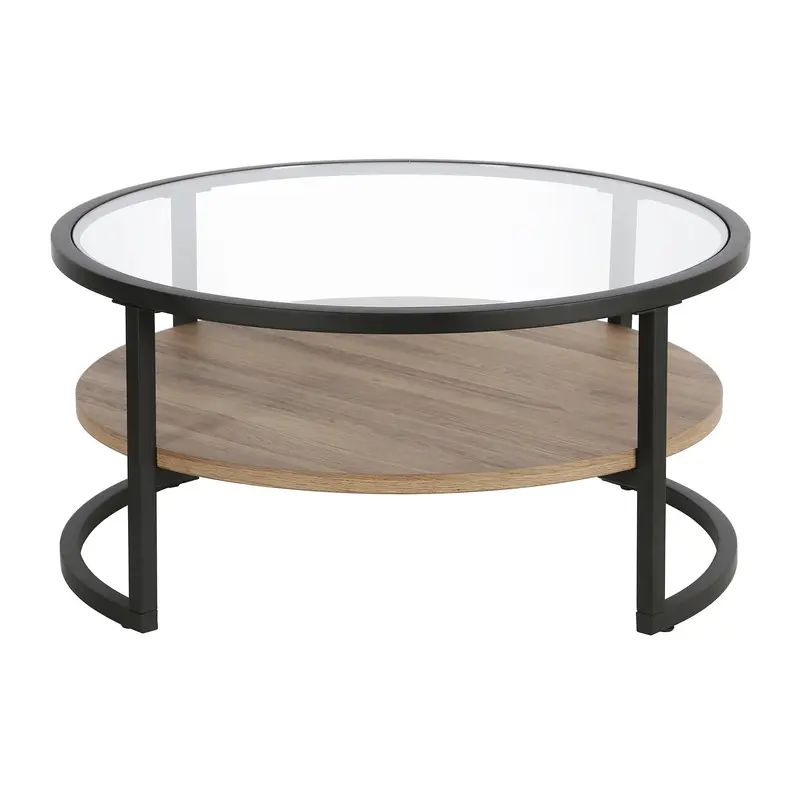34" Black Brown and Glass Round Coffee Table With Shelf By Homeroots