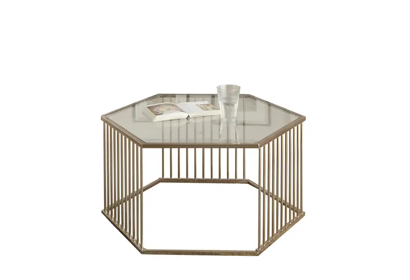 34" Champagne And Clear Glass And Metal Hexagon Coffee Table By Homeroots