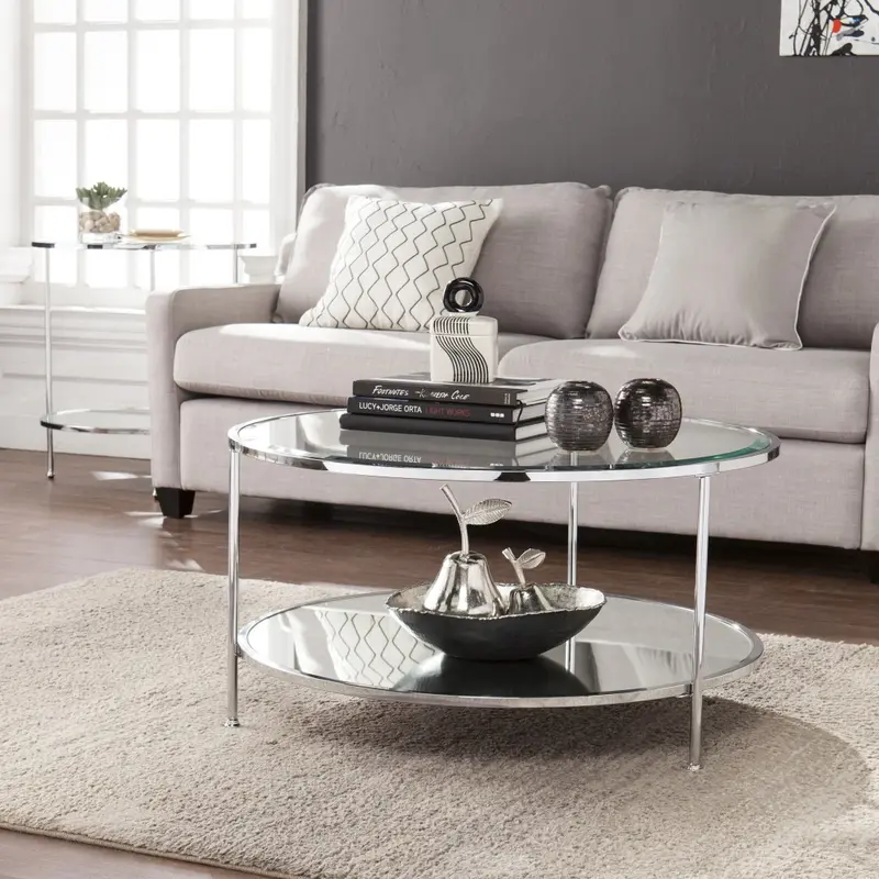 34" Chrome Glass And Metal Round Mirrored Coffee Table By Homeroots