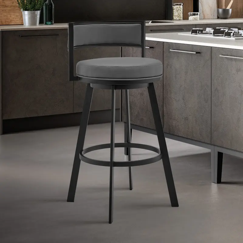 34" Gray And Black Faux Leather And Iron Swivel Low Back Counter Height Bar Chair With Footrest By Homeroots