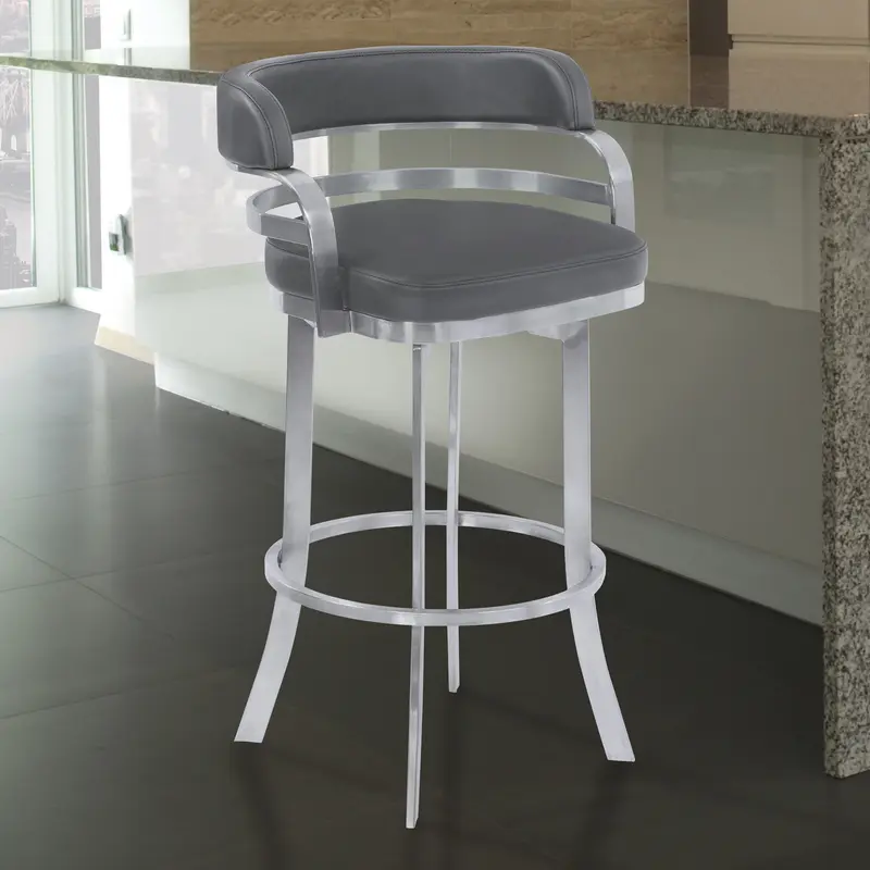 34" Gray And Silver Faux Leather Swivel Low Back Counter Height Bar Chair With Footrest By Homeroots