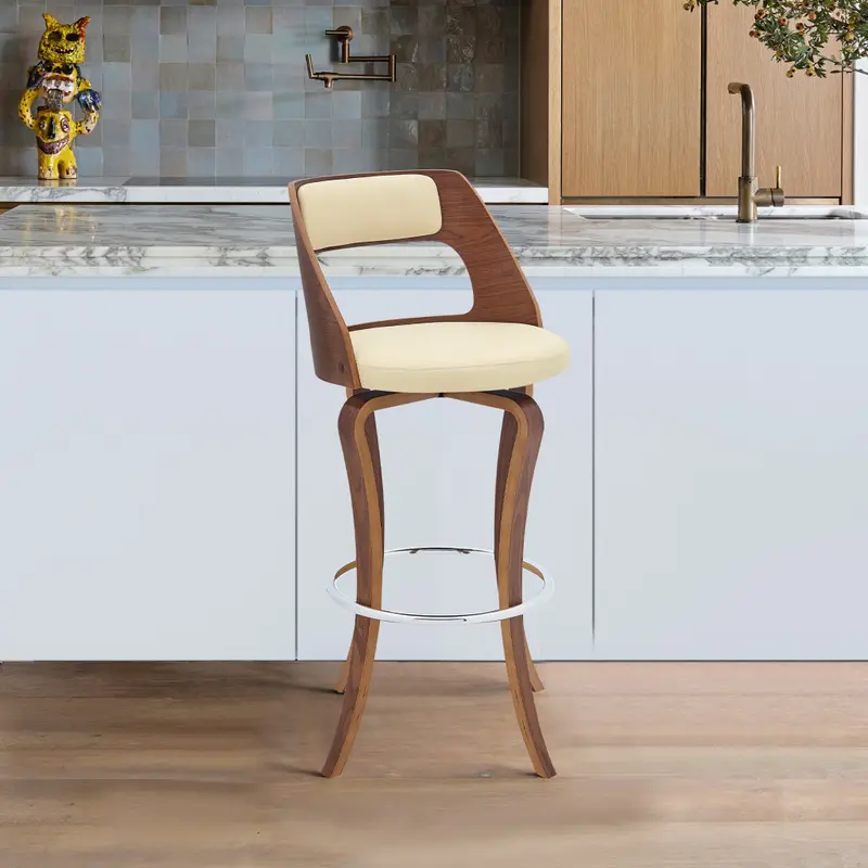 35" Cream And Brown Faux Leather Swivel Counter Height Bar Chair With Footrest By Homeroots