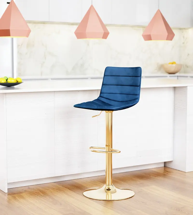 35" Dark Blue And Gold Steel Low Back Counter Height Bar Chair With Footrest By Homeroots