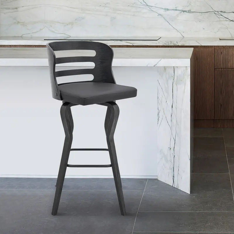 35" Gray Faux Leather And Iron Swivel Counter Height Bar Chair By Homeroots