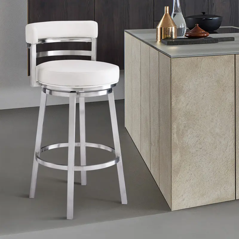 35" White And Silver Faux Leather And Iron Swivel Low Back Counter Height Bar Chair With Footrest By Homeroots