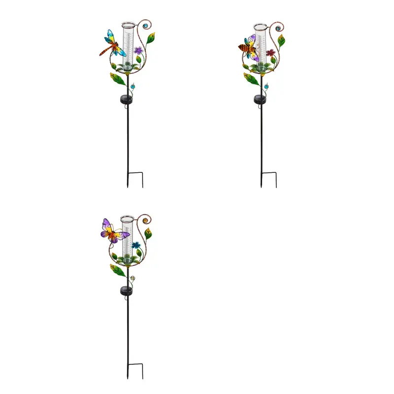36.25"H Twinkling Light Solar Rain Gauge Garden Stake, 3 Asst, Butterfly/ Dragonfly/Bee,2sp6194
