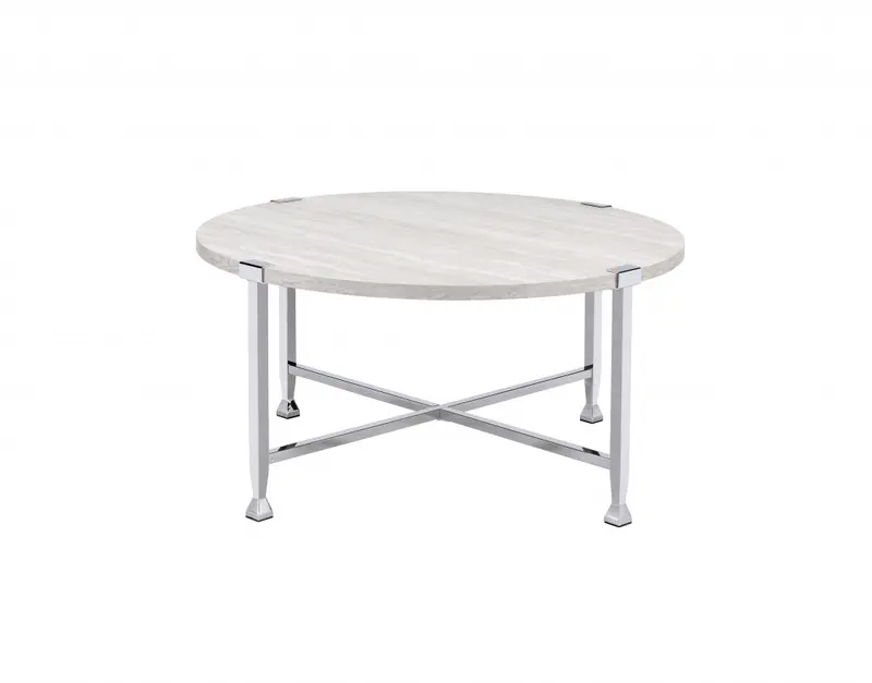 36" Chrome And White Oak Round Coffee Table By Homeroots