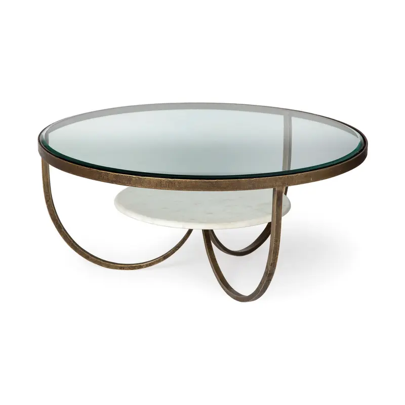 36' Round Glass Top Marble Shelf Gold Base Coffee Table By Homeroots