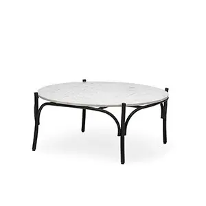 36' Round White Marble Top Black and Metal Base Coffee Table By Homeroots