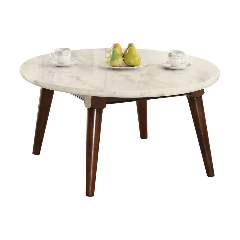 36" Walnut And Marble Faux Marble Round Coffee Table By Homeroots