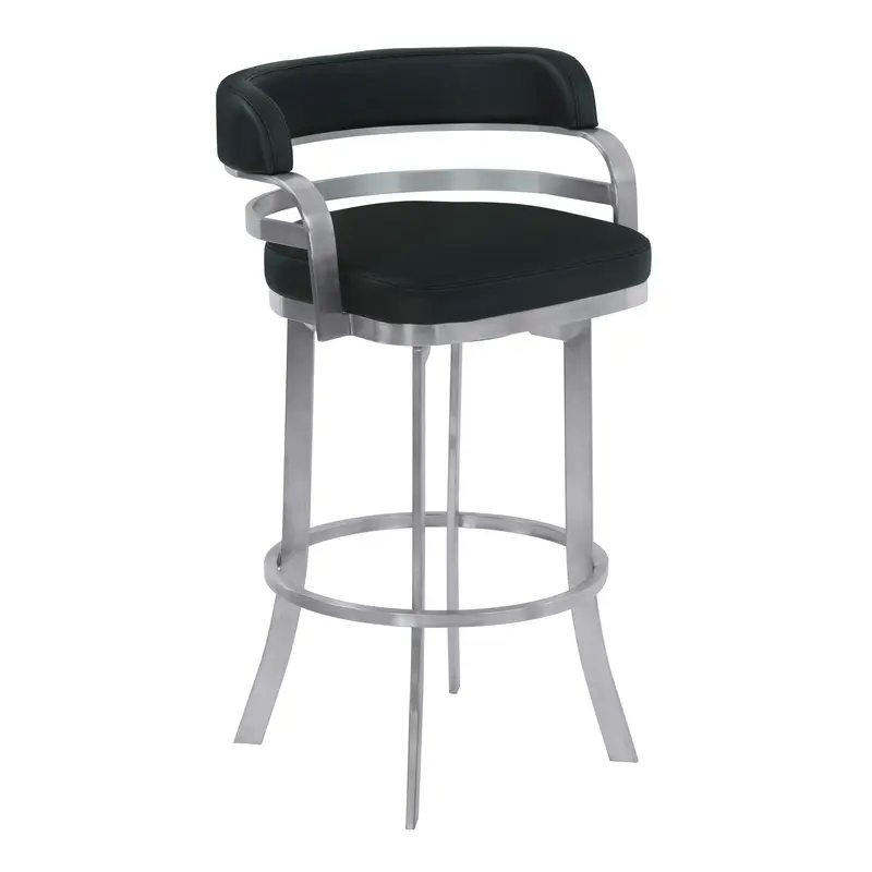 38" Black And Silver Faux Leather And Iron Swivel Low Back Bar Height Chair With Footrest By Homeroots