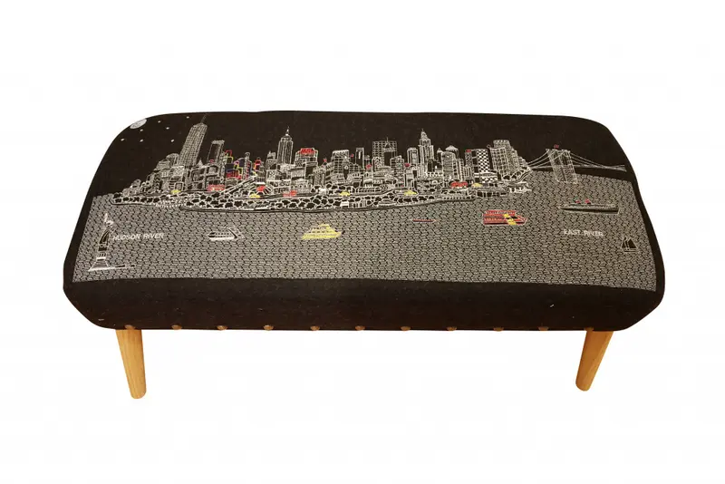 38" NYC Nighttime Skyline Embroidered Ottoman By Homeroots