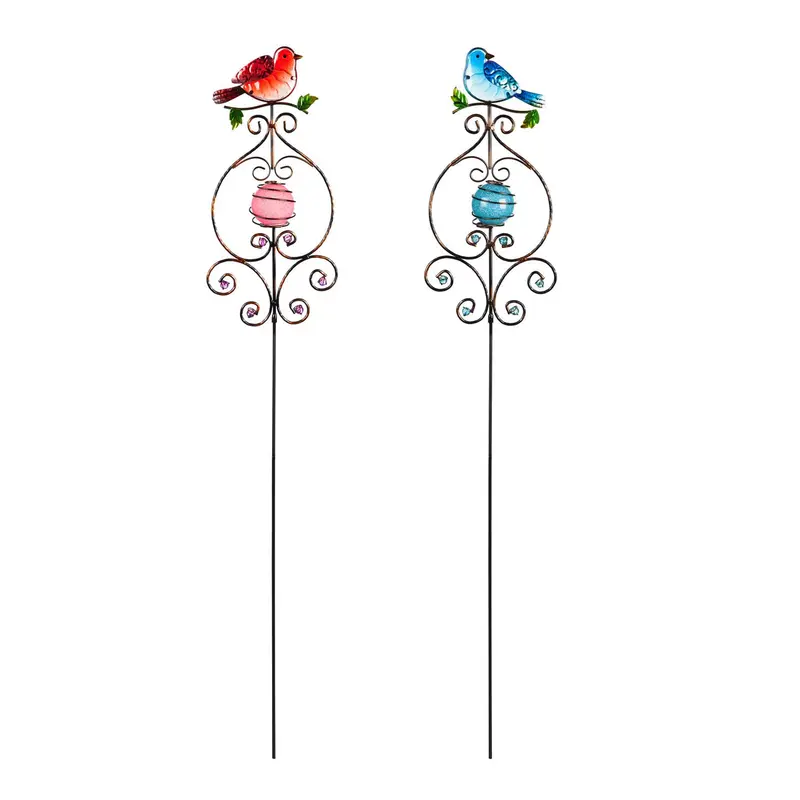 39"H Glow in the Dark Garden Stake, Glass and Metal Blue Bird and Cardinal, 2 Asst, 12pc CDU