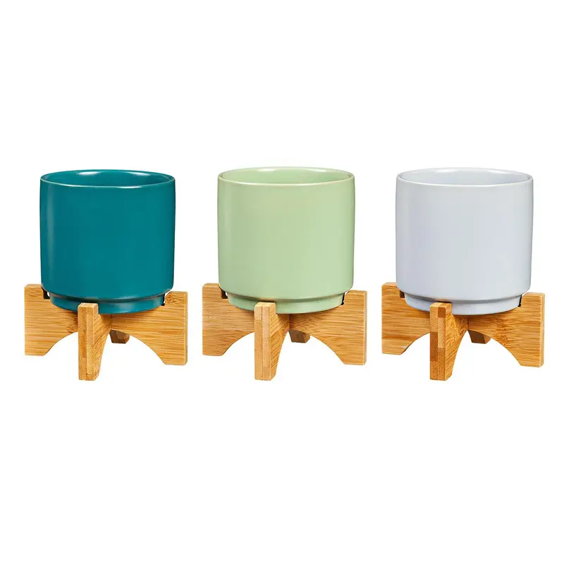 4" Ceramic Planter with Wood Stand, 3 ASST.