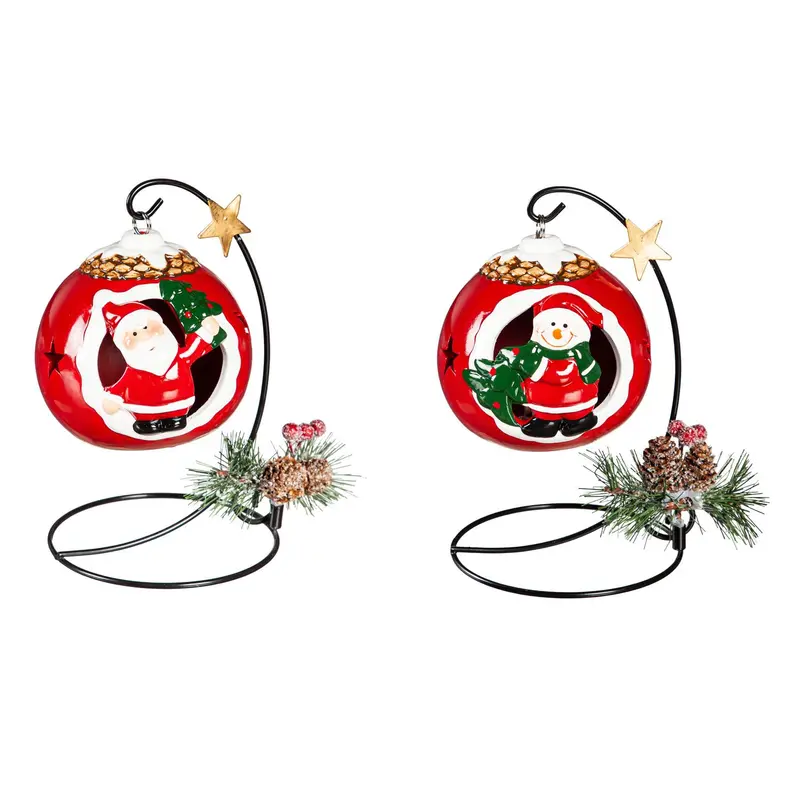 4" LED Ceramic Ornament with Metal Stand, 2 Asst., Santa/Snowman