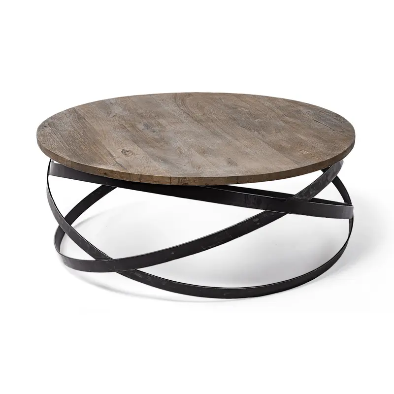 40.5' Round Solid Wood Top Black Metal Base Coffee Table By Homeroots
