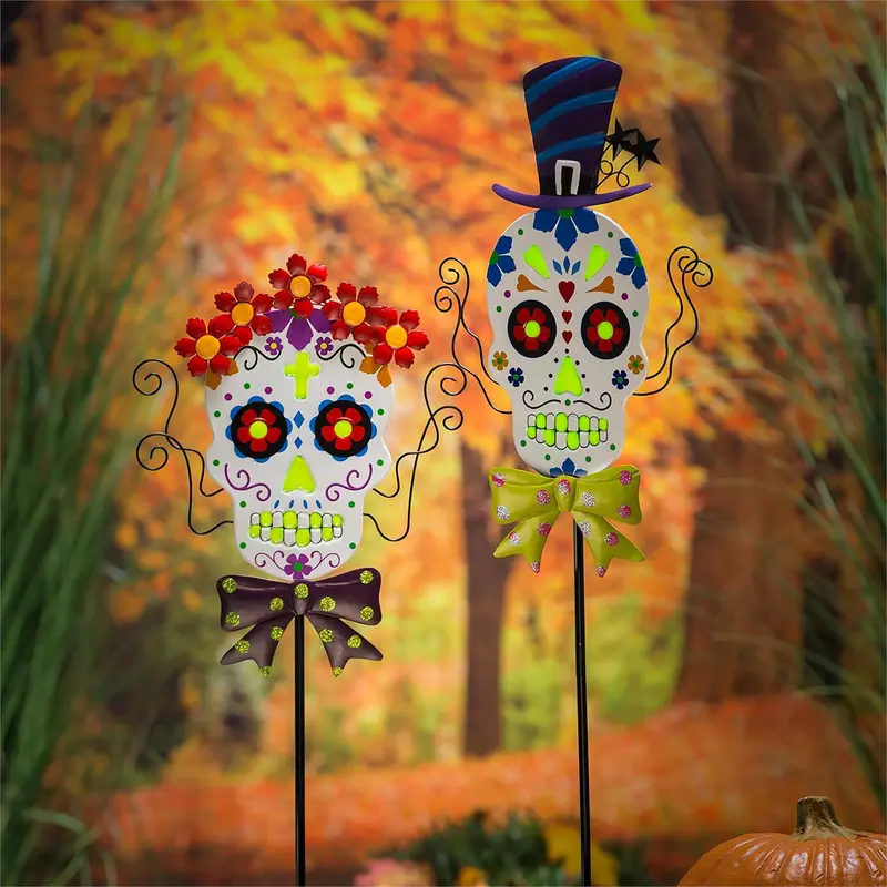 40"H Glow in the Dark Garden Stake, Colorful Skulls, 2 Asst