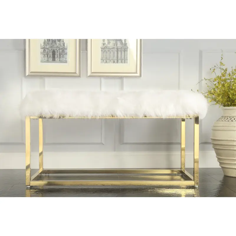40" White And Gold Upholstered Faux Fur Bench By Homeroots