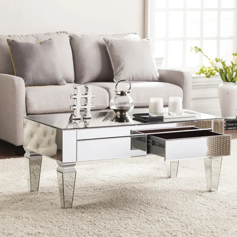 41" Silver Glam Mirrored Glass Rectangular Mirrored Coffee Table By Homeroots