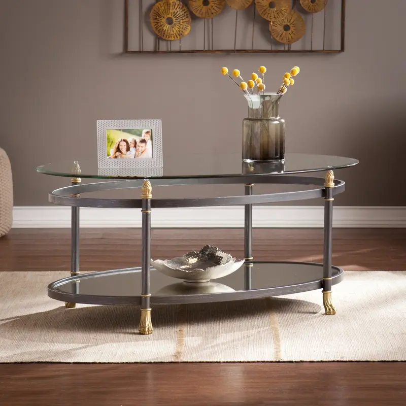 42" Gray Glass And Metal Oval Mirrored Coffee Table By Homeroots