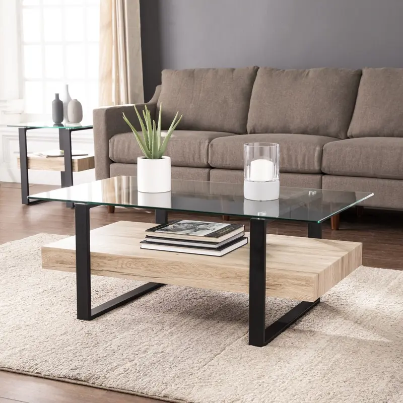 42" Natural And Natural Brown Glass And Metal Rectangular Coffee Table By Homeroots