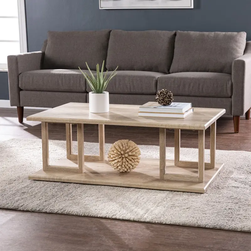 42" Natural Light Brown Wood Two Tier Rectangular Coffee Table By Homeroots