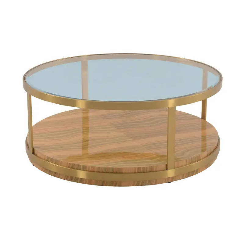 43" Glass And Gold Glass Round Coffee Table With Shelf By Homeroots