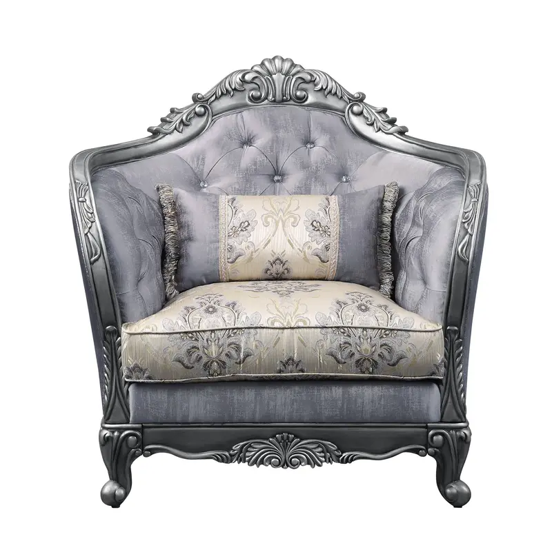 43" Light Gray Fabric And Platinum Floral Tufted Arm Chair By Homeroots
