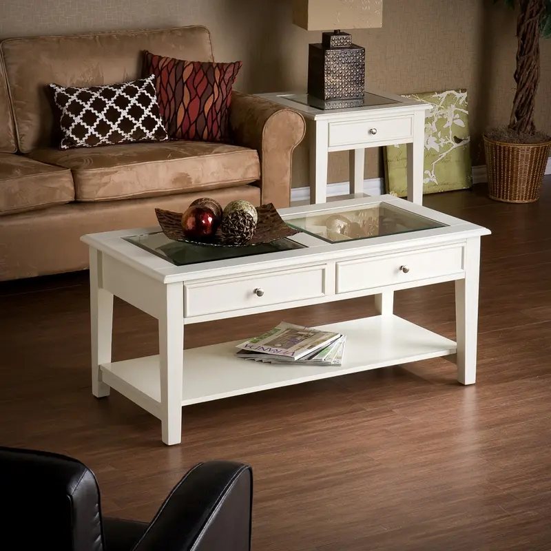 44" Off And White And Off-White Glass And Metal Rectangular Coffee Table By Homeroots