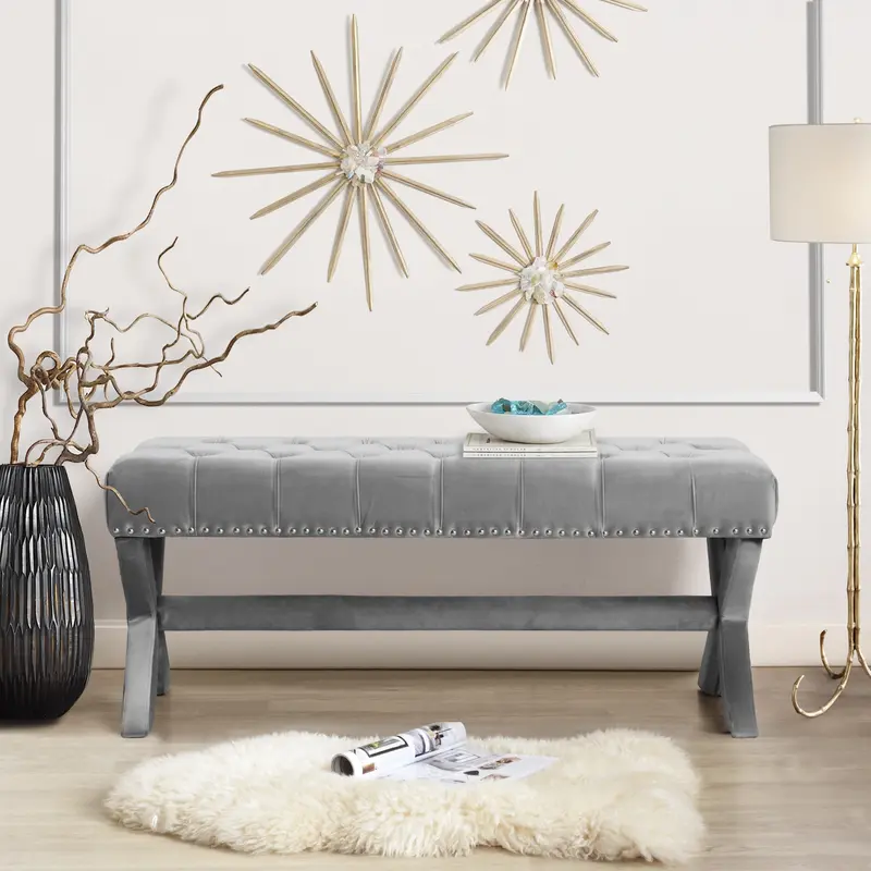 45" Gray Upholstered Velvet Bench By Homeroots