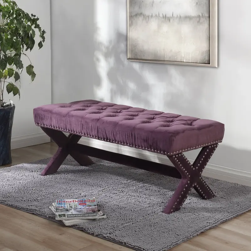45" Plum And Purple Upholstered Velvet Bench By Homeroots