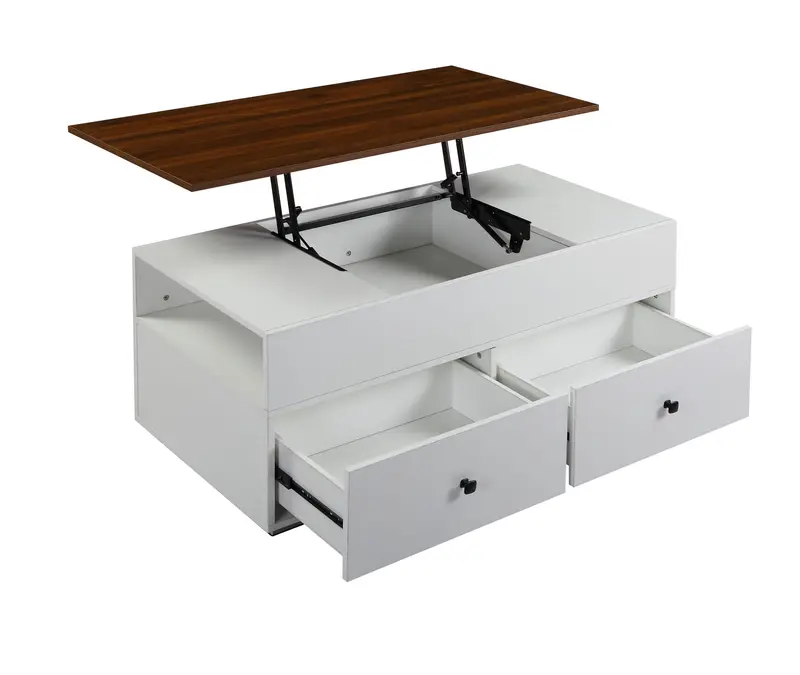 46" White And Walnut Melamine Veneer And Manufactured Wood Rectangular Lift Top Coffee Table With Two Drawers And Shelf By Homeroots