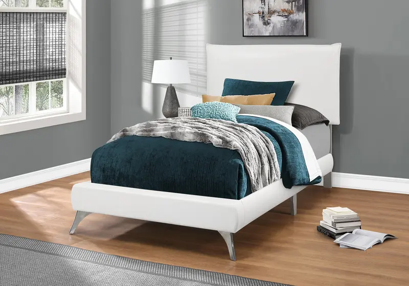 47.25" White Solid Wood Mdf Foam And Linen Twin Sized Bed With Chrome Legs By Homeroots