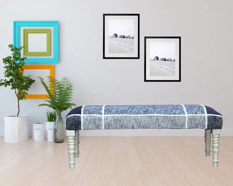 47" Blue And Gray Textural White Leg Upholstered Bench By Homeroots