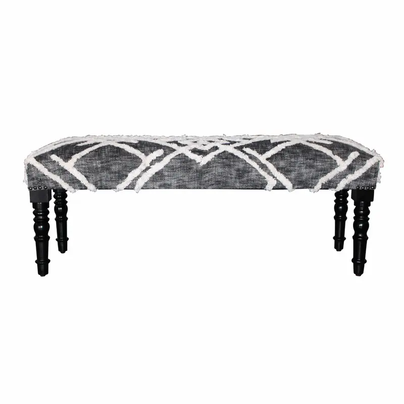 47" Gray And White Geometric Cotton Upholstered Distressed Bench By Homeroots