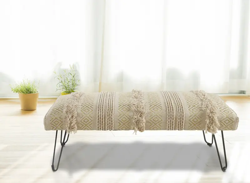 47" Ivory And Gold Geometric Black Leg Upholstered Bench By Homeroots