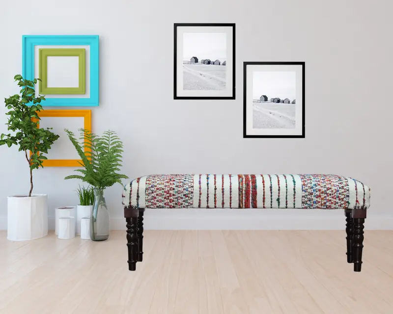 47" Ivory Red and Pink Black Leg Chevron Stripe Upholstered Bench By Homeroots