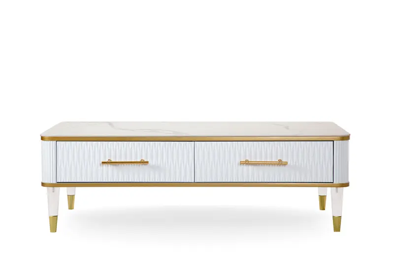 47" White Gold and Faux Stone Rectangular Coffee Table With Drawer By Homeroots