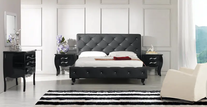 48' Black Leatherette And Mdf Queen Bed With Crystals By Homeroots