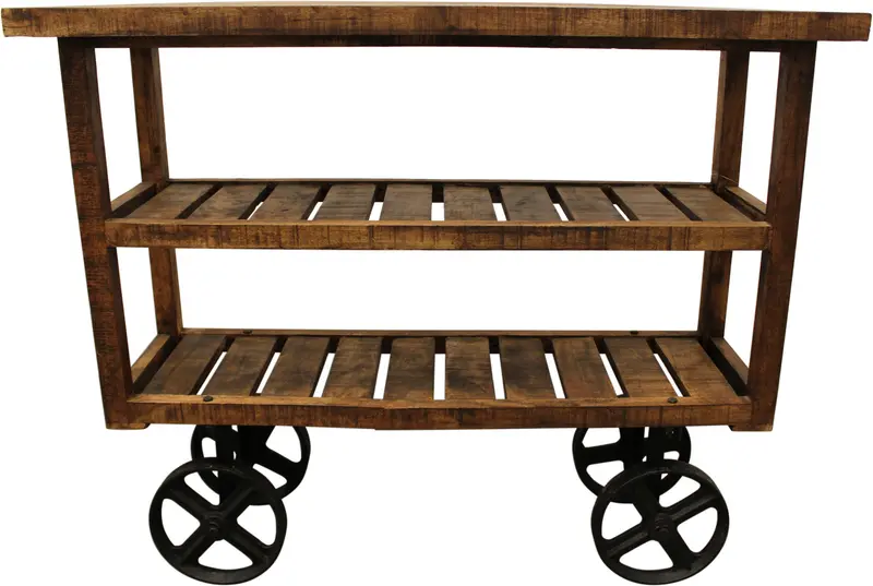 48" Brown and Black Solid Wood Distressed Wheel Console Table With Storage By Homeroots