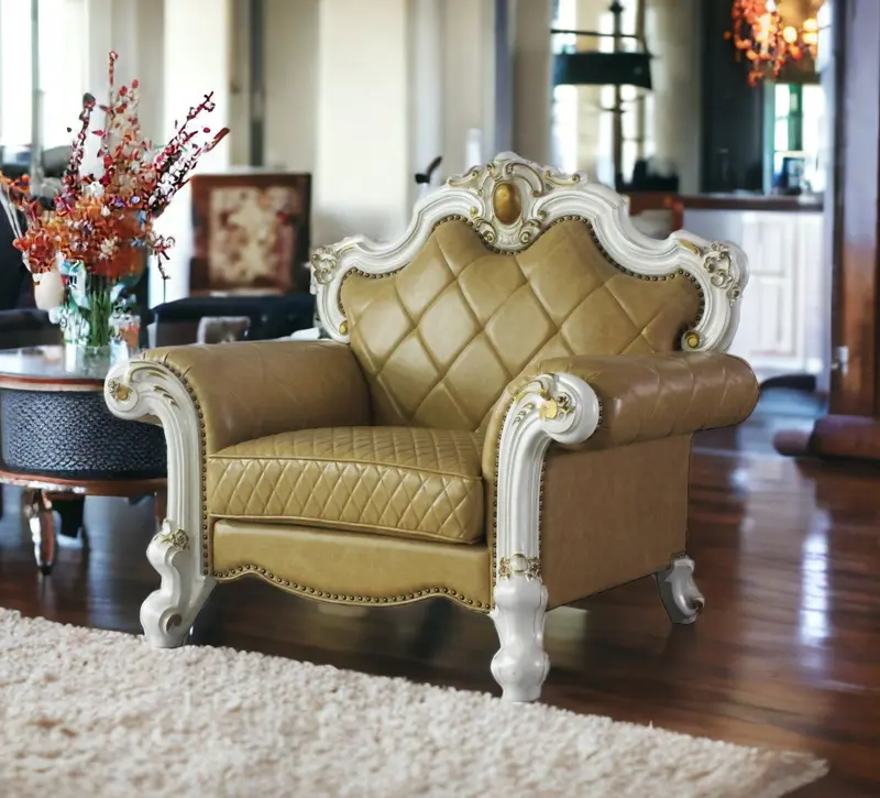 50" Beige and Pearl Faux Leather Tufted Arm Chair By Homeroots
