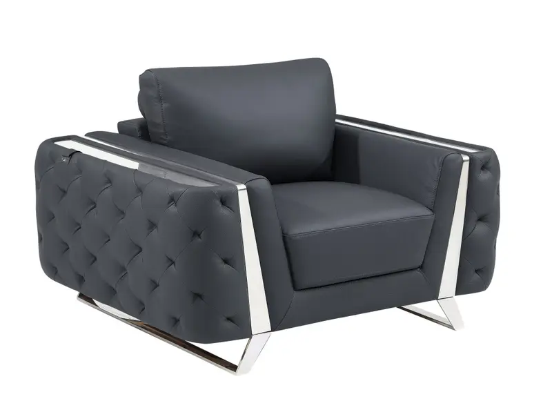 50" Dark Gray and Silver Faux Leather Tufted Arm Chair By Homeroots