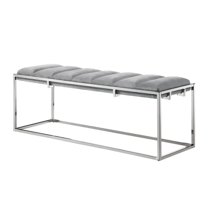 50" Gray And Silver Upholstered Velvet Bench By Homeroots