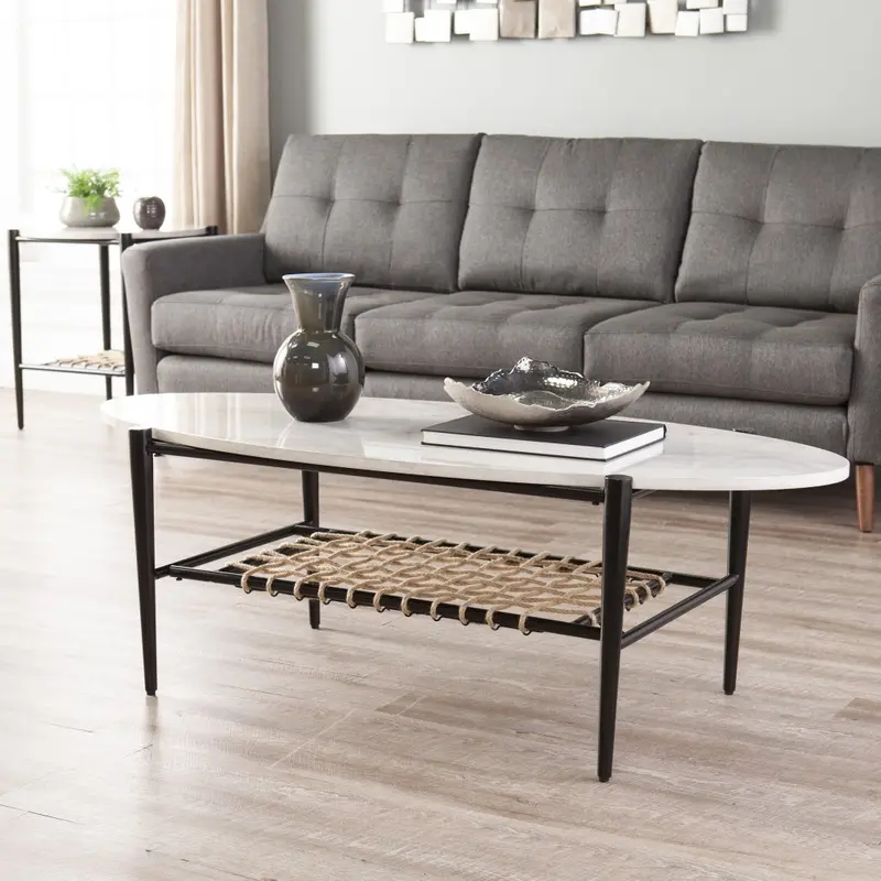 52" Black and White Metal and Faux Marble Boho Rope Oval Coffee Table By Homeroots